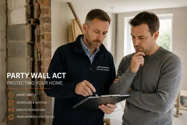 Party wall surveyor Haverhill discussing extension plans with homeowner outside a UK semi-detached house.